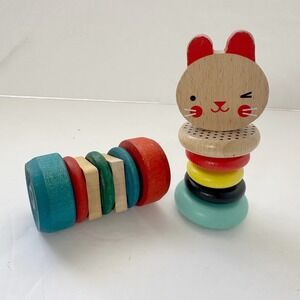 Montessori Wooden Toy Bundle Lot of 2 Petit Collage Bunny & Vintage Roll Rattle